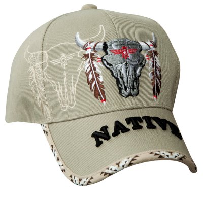 画像1: ネイティブプライド  シャドウつき 刺繍 キャップ フェザー ブルスカル（ライトオリーブ グレー）/Native Pride Embroidered Cap Feather Bull Skull(Light Olive Grey)