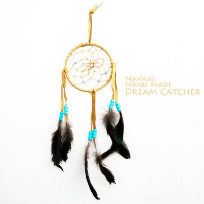 画像1: アメリカインディアン ナバホ族 ハンドメイド ドリームキャッチャー 10.5cm（タン/ライトブルー・ライトグリーン・ライトブルー）/Navajo Hand Made Dream Catcher