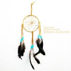 画像1: アメリカインディアン ナバホ族 ハンドメイド ドリームキャッチャー 10.5cm（タン/ライトブルー・ライトグリーン・ライトブルー）/Navajo Hand Made Dream Catcher (1)