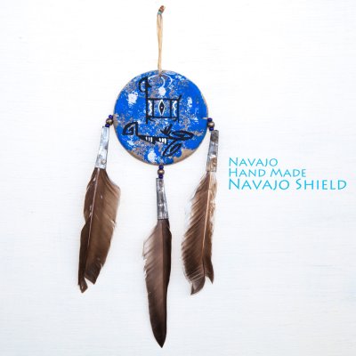 画像1: アメリカインディアン ナバホ族 鹿革製 ハンドメイド ナバホ シールド（ブルー）/Navajo Hand Made Navajo Shield