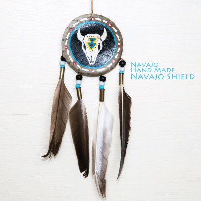 画像1: アメリカインディアン ナバホ族 鹿革製 ハンドメイド ナバホ シールド ブル スカル/Navajo Hand Made Navajo Shield Bull Skull