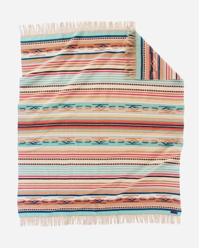 画像1: ペンドルトン チマヨ スロー（コーラル/アクアストライプ）/Pendleton Chimayo Throw(Coral/Aqua Stripe)