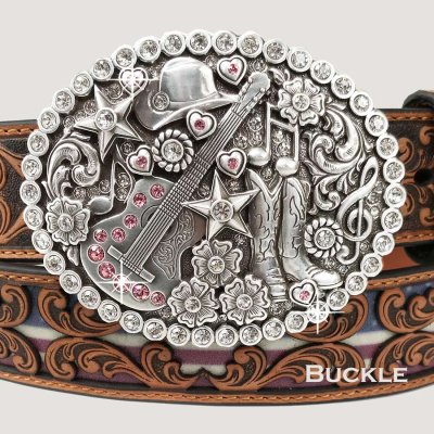 画像1: カントリー＆ウエスタン ミュージック ベルト バックル カウガールブーツ・ギター・ハート・カウガールハット・スター/Country Western Music Belt Buckle(Antique Silver)