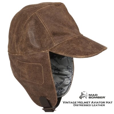 画像1: マッド ボンバー ビンテージ ヘルメット アビエーター レザー ハット 帽子（ ブラウン）/Mad Bomber® Vintage Helmet Aviator Hat Distressed Leather Brown