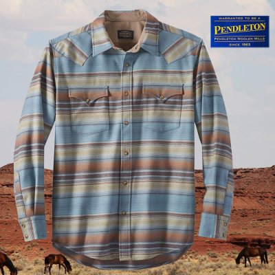画像1: ペンドルトン  ピュアーヴァ－ジンウール ウエスタンシャツ（ブルー・ブラウンストライプ）M/Pendleton Western Shirt(Blue/Brown Stripe)