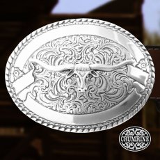 画像1: クラムライン ロングホーン ロープエッジ ウエスタン ベルト バックル シルバー/Crumrine Longhorn  Rope Edge Belt Buckle Silver  (1)