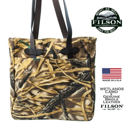 画像1: フィルソン トートバッグ シェルタークロス オイルフィニッシュ ウェットランズカモxブライドルレザー/Filson Tote Bag Advantage Wetlands Camouflage