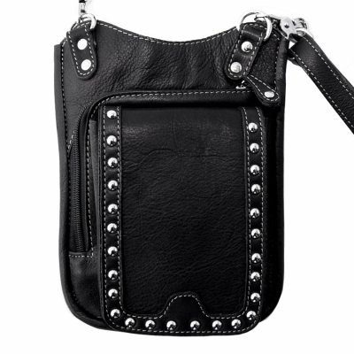 画像1: ブラックレザー&シルバーメタルスタッズ ヒップバッグ ショルダーバッグ/Genuine Leather Studs Hip Bag Shoulder Bag Black