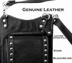 画像2: ブラックレザー&シルバーメタルスタッズ ヒップバッグ ショルダーバッグ/Genuine Leather Studs Hip Bag Shoulder Bag Black (2)