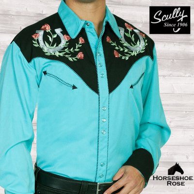 画像1: スカリー ウエスタン 刺繍 シャツ ホースシュー・ローズ（長袖/ターコイズ・ブラック）/Scully Long Sleeve Horseshoe Rose Embroidered Western Shirt Turquoise Black(Men's)