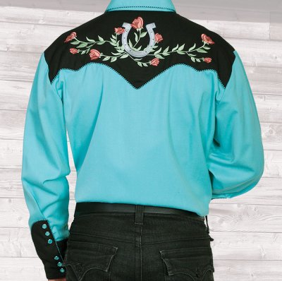 画像2: スカリー ウエスタン 刺繍 シャツ ホースシュー・ローズ（長袖/ターコイズ・ブラック）/Scully Long Sleeve Horseshoe Rose Embroidered Western Shirt Turquoise Black(Men's)