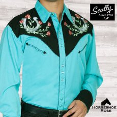 画像1: スカリー ウエスタン 刺繍 シャツ ホースシュー・ローズ（長袖/ターコイズ・ブラック）/Scully Long Sleeve Horseshoe Rose Embroidered Western Shirt Turquoise Black(Men's) (1)
