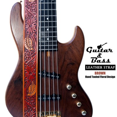 画像1: アメリカ 輸入 ギター・ベース レザー ストラップ（ブラウンフローラルデザイン）/Guitar&Bass Hand Tooled Leather Strap(Brown Floral Design)