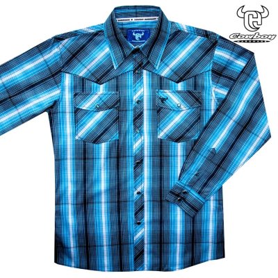 画像1: ウエスタンシャツ ブルー・ターコイズ プラッド（長袖）/Cowboy Hardware Long Sleeve Western Shirt(Steel Blue)