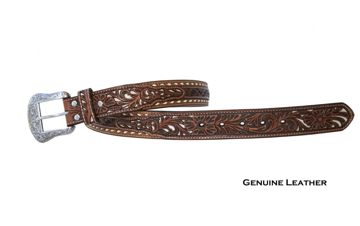 画像2: ノコナ フローラルセンター バック レースエッジ ウエスタン レザーベルト(ブラウン)/Nocona Floral Pierced Embossed Center Buck Laced Edges Western Belt(Brown) (2)