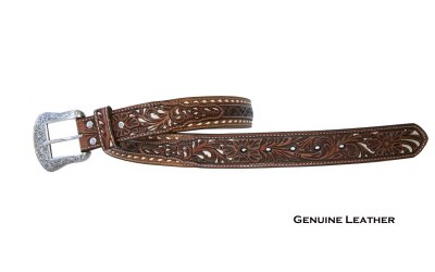 画像2: ノコナ フローラルセンター バック レースエッジ ウエスタン レザーベルト（ブラウン）/Nocona Floral Pierced Embossed Center Buck Laced Edges Western Belt(Brown)