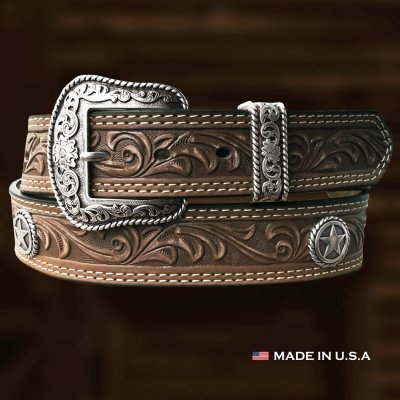 画像1: ノコナ ウエスタンスターコンチョ フローラル レザーベルト（ブラウン）/Nocona Western Belt(Brown)