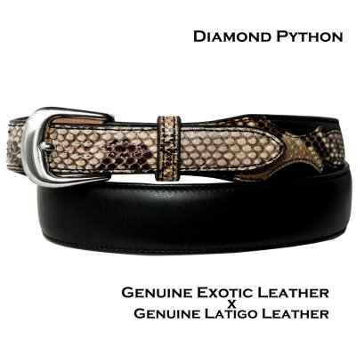 画像1: ファニー ダイアモンドパイソン xラティーゴ レザー ウエスタン ベルト 38mm-25mm（ナチュラル/ブラック）38/Funny 1-1/2" Tapered 1" Diamond Python Latigo Leather Belt(Natural/Black)
