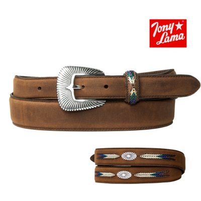 画像1: トニーラマ フェザー刺繍 コンチョ サウスウエスト ウエスタン ベルト（ブラウン）/Tony Lama Western Leather Belt(Brown)