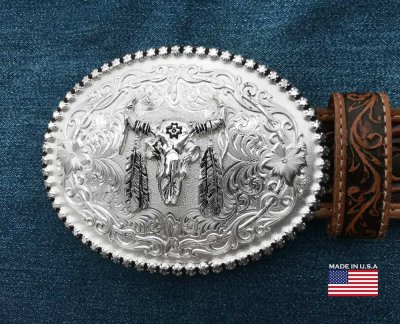 画像1: モンタナシルバースミス ベルト バックル バッファロースカル＆フェザー フローラル/Montana Silversmiths Belt Buckle Froral w/Buffalo Skull