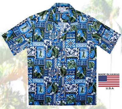 画像1: アロハシャツ ハワイアンシャツ ウクレレ・リーフ（ブルー）L/Aloha Shirt Ukulele(Blue)