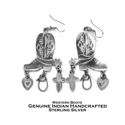 画像1: ウエスタンブーツ ピアス アメリカ ナバホ族 ハンドメイド スタンプワーク 925 シルバー ジュエリー/Navajo Native American Western Boots Sterling Silver Earrings