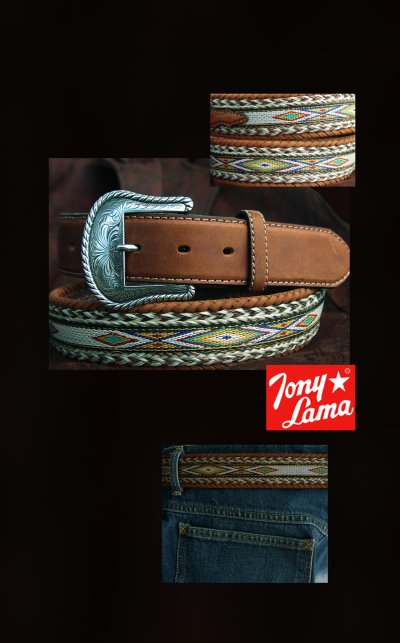 画像1: トニーラマ ベルト ホースヘアー&テープ（ブラウン）大きいサイズ 44（約111cm）/Tony Lama Leather Belt(Brown)