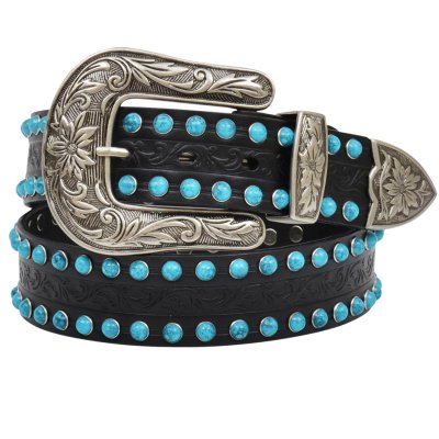 画像1: エンジェルランチ ターコイズスタッズ ブラックフローラル ウエスタン レザーベルト（ブラック）/Angel Ranch Western Leaher Belt(Black)