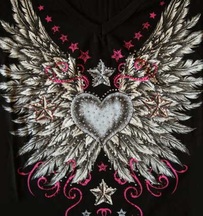 画像1: リバティーウエア ラインストーン ハート・ビンテージウイング&スター 半袖Tシャツ（ブラック）XL/Liberty Wear Short Sleeve T-shirt(Women's)