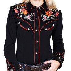 画像1: スカリー 刺繍 ラインストーン ウエスタン シャツ（長袖/ブラック ブーツ・ギター・ハット）XS/Scully Long Sleeve Western Shirt(Women's) (1)