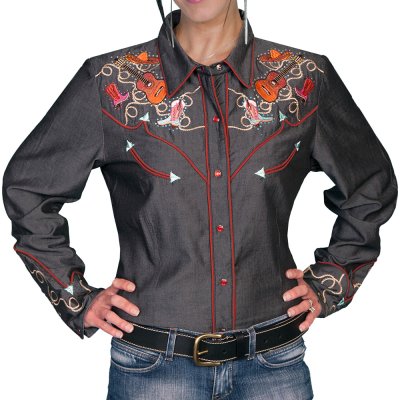 画像1: スカリー 刺繍 ラインスト－ン ウエスタン シャツ（長袖/ブラックチャコール）/Scully Long Sleeve Western Shirt(Women's)