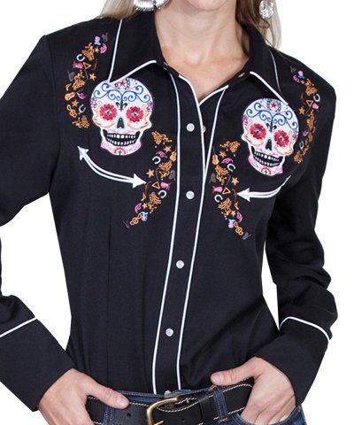 画像1: スカリー 刺繍 ウエスタン シャツ（長袖/シュガー スカル）XS/Scully Long Sleeve Western Shirt(Women's)