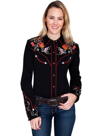 画像1: スカリー 刺繍 ラインストーン ウエスタン シャツ（長袖/ブラック ブーツ・ギター・ハット）XS/Scully Long Sleeve Western Shirt(Women's)