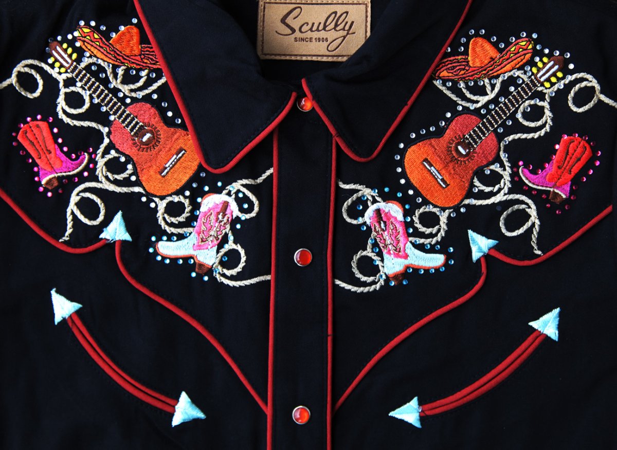 画像2: スカリー 刺繍 ラインストーン ウエスタン シャツ（長袖/ブラック ブーツ・ギター・ハット）XS/Scully Long Sleeve Western Shirt(Women's) (2)