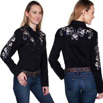 画像2: スカリー フローラル刺繍 ラインストーン ウエスタン シャツ（長袖/ブラック）/Scully Long Sleeve Western Shirt(Women's)