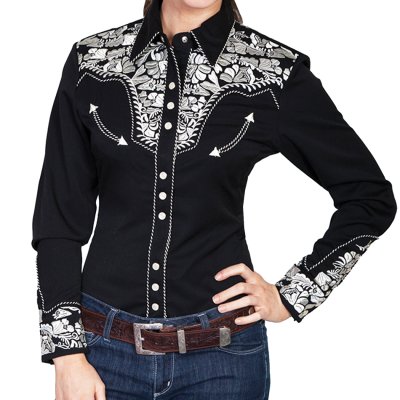 画像1: スカリー 刺繍 ウエスタン シャツ（長袖/ブラック・シルバー）/Scully Long Sleeve Western Shirt(Women's)