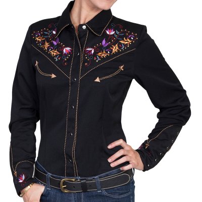 画像1: スカリー 刺繍 フローラル カウガールシャツ（長袖/ブラック）XS/Scully Long Sleeve Western Shirt(Women's)