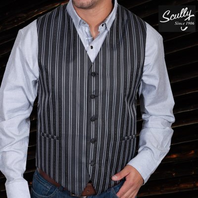 画像1: スカリー オールドウエスト ダブル ピンストライプ ベスト（ブラック・ホワイト）/Scully Old West Pinstripe Vest (Black/White)