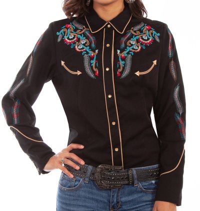 画像1: スカリー 刺繍 ウエスタン シャツ（長袖/ブラック・フェザー&フラワー）XS/Scully Long Sleeve Western Shirt(Women's)