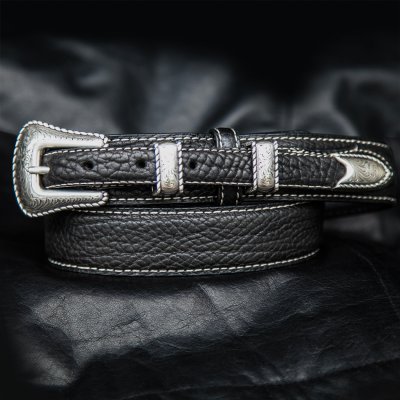 画像1: バッファロー アメリカンバイソン レザー 4ピース レンジャーベルト（ブラック）/American Bison Leather Belt(Black)