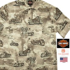 画像1: ハーレーダビッドソン トリリチャード アメリカ製 モーターサイクル アロハシャツ キャンプシャツ（サンド・クリーム）M/Harley Davidson Tori Richard Aloha Shirt(Sand) (1)