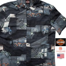 画像1: ハーレーダビッドソン トリリチャード アメリカ製 モーターサイクル アロハシャツ キャンプシャツ（ダークブルー）M/Harley Davidson Tori Richard Aloha Shirt(Dark Blue) (1)