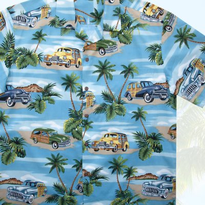 画像1: アロハシャツ パームツリー クラシックカー（スレート）L・XL/Aloha Shirt(Slate)  