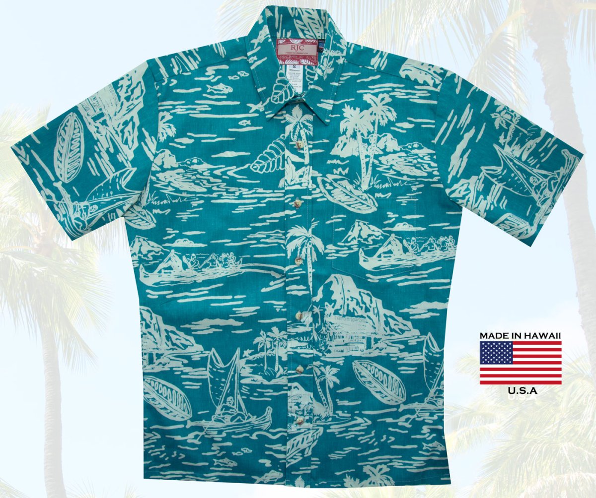 画像2: RJC ロバート・J・クランシー アロハ シャツ ハワイアンシャツ リバースプリント アイランド（ティール）/RJC ROBERT J. CLANCEY Ivy League Collar Aloha Shirt(Teal) (2)
