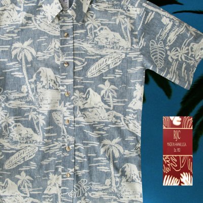 画像1: RJC ロバート・J・クランシー アロハ シャツ ハワイアンシャツ リバースプリント アイランド（ブルー）/RJC ROBERT J. CLANCEY Ivy League Collar Aloha Shirt(Blue)