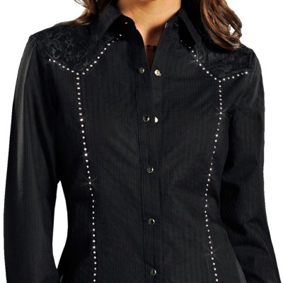 画像2: パンハンドルスリム ラインストーン レースヨーク カウガール ウエスタン シャツ（ブラック/ローズピンク）M/Panhandle Slim Long Sleeve Western Shirt(Black/Women's)