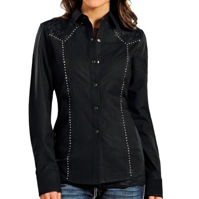 画像1: パンハンドルスリム ラインストーン レースヨーク カウガール ウエスタン シャツ（ブラック/ローズピンク）M/Panhandle Slim Long Sleeve Western Shirt(Black/Women's)
