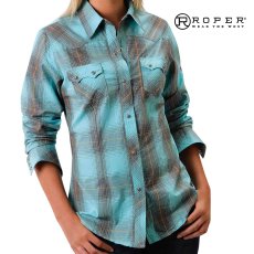 画像1: ローパー レディース ウエスタン シャツ（ターコイズブルー・ブラウン/長袖）L/Roper Long Sleeve Western Shirt(Women's) (1)