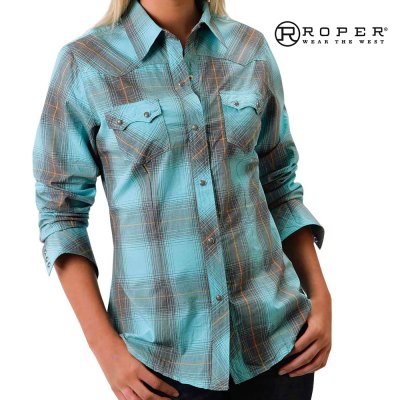 画像1: ローパー レディース ウエスタン シャツ（ターコイズブルー・ブラウン/長袖）L/Roper Long Sleeve Western Shirt(Women's)