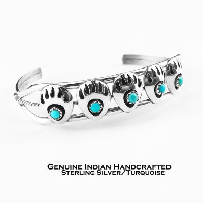 画像1: インディアンジュエリー ナバホ族 ハンドメイド ターコイズ 925 スターリングシルバー ベアパウ ブレスレット/Native American Navajo Turquoise Sterling Silver Bear Paw Bracelet